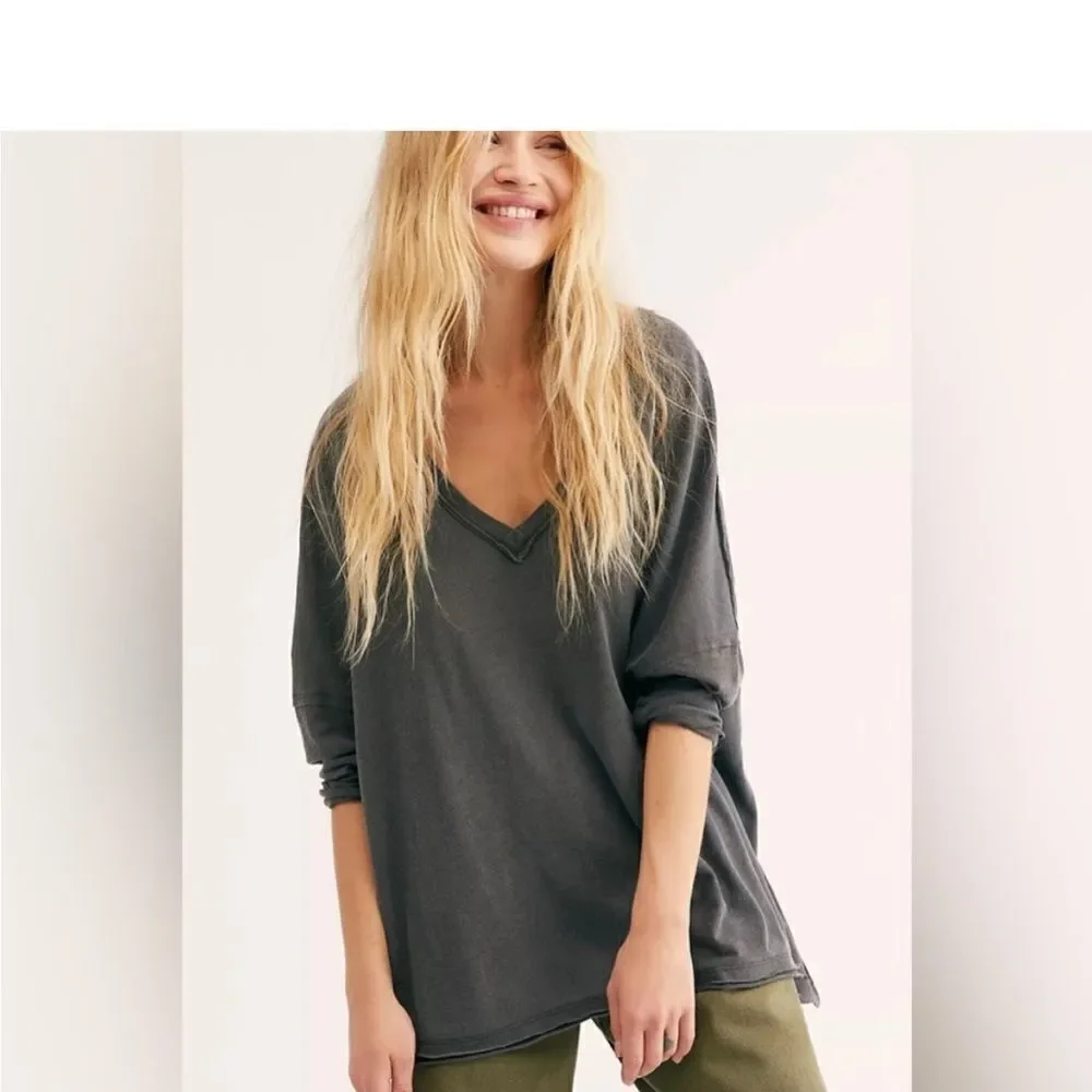 Free People On My Mind Oversized V Neck in Black